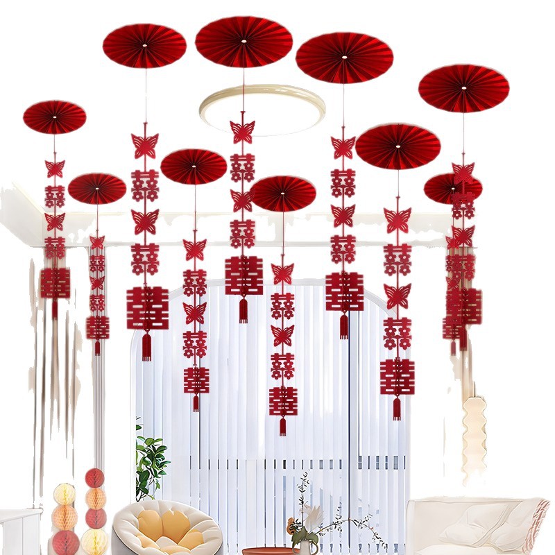 Wedding Room Decoration with Double Happiness Character Garland Ceiling Decoration for Wedding, Male and Female Bedroom, New House, Living Room Fan Flower Butterfly Hanging Ornament