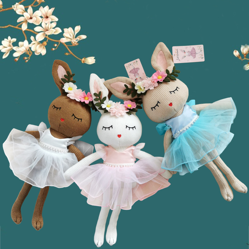 跨境新款兔子公仔毛绒玩具毛线编织花朵儿童安抚针织玩偶现货批发