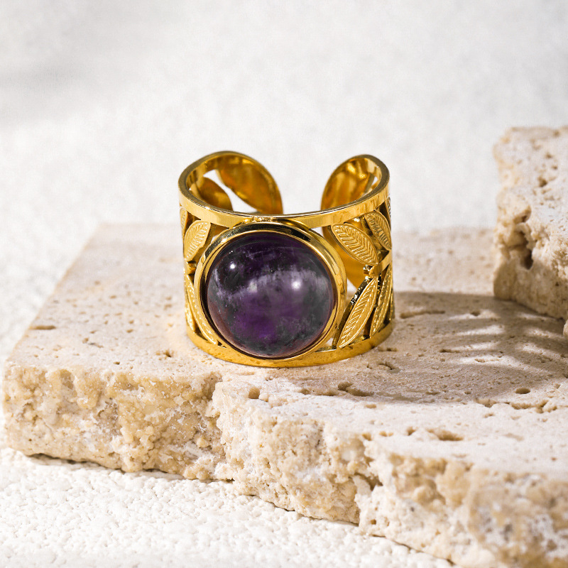 INS nuevo anillo de acero inoxidable de oro 18 quilates hueco hoja de piedra natural elíptica personalidad simple anillo en stock
