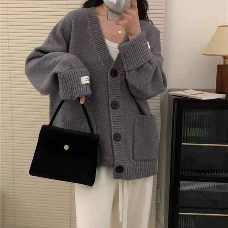 Autumn and Winter New Women's Korean Style Loose Simple Knitted Cardigan Curling Sleeve Labeling Soft Waxy Sweater Coat Thickened