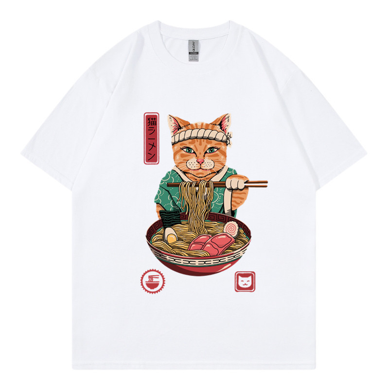 New Zhuoli station Kung Fu cat eating noodles printed t-shirt men's and women's Casual Short Sleeve round neck top_voghion.com