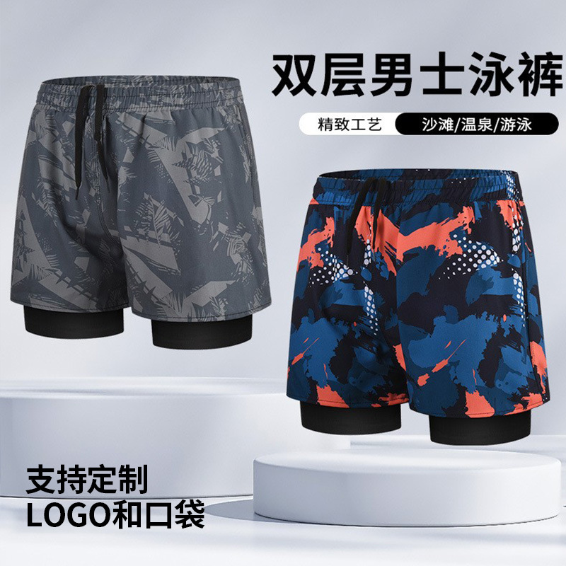 Los hombres de natación troncos anti-vergüenza estilo de doble capa de secado rápido más tamaño boxeador traje de baño caliente primavera profesional conjunto completo de equipos