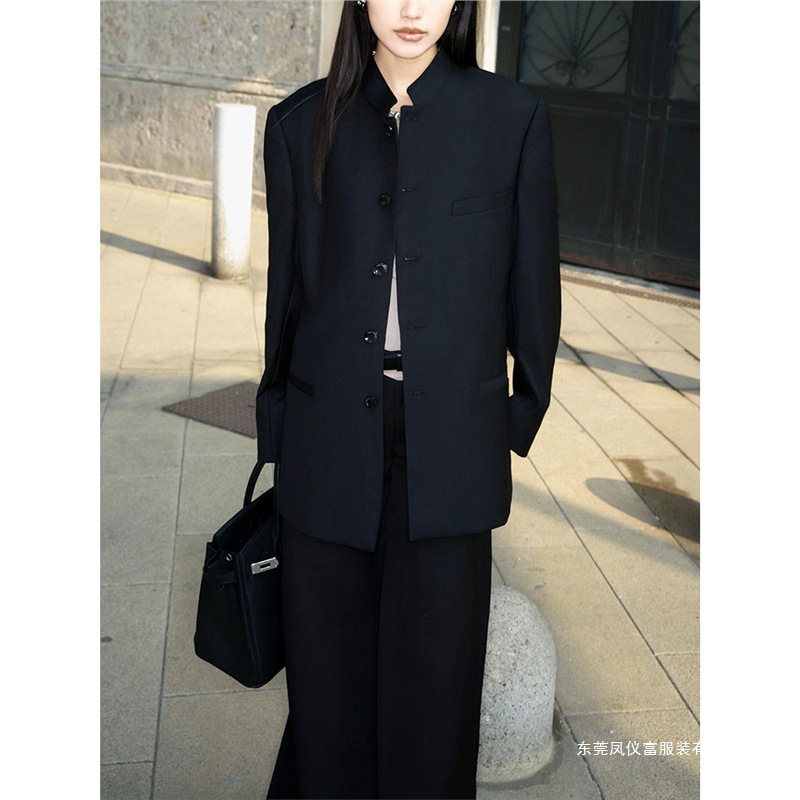 Designed Black Gray New Chinese Style Stand-Up Collar Pure Color Suit Improved Silhouette中山 Suit Jacket for Women Spring and Summer