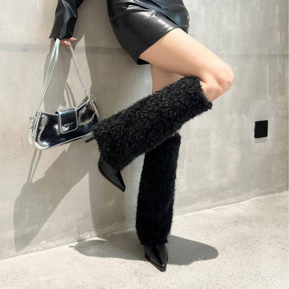 时装靴裤管保暖新款女高跟欧美靴白色靴女秋冬小香风棉靴毛毛细跟