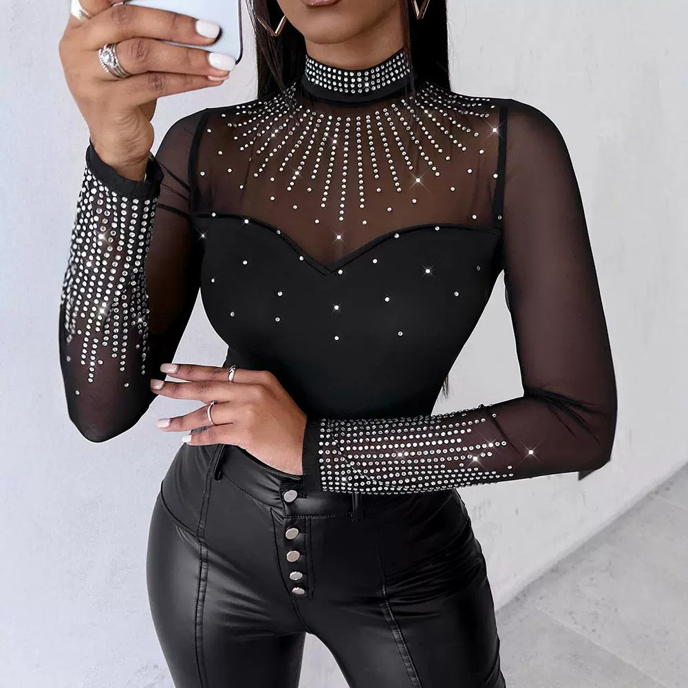 Damenbekleidung Mesh Splicing Hot Diamond Langarm-Overall_voghion.com