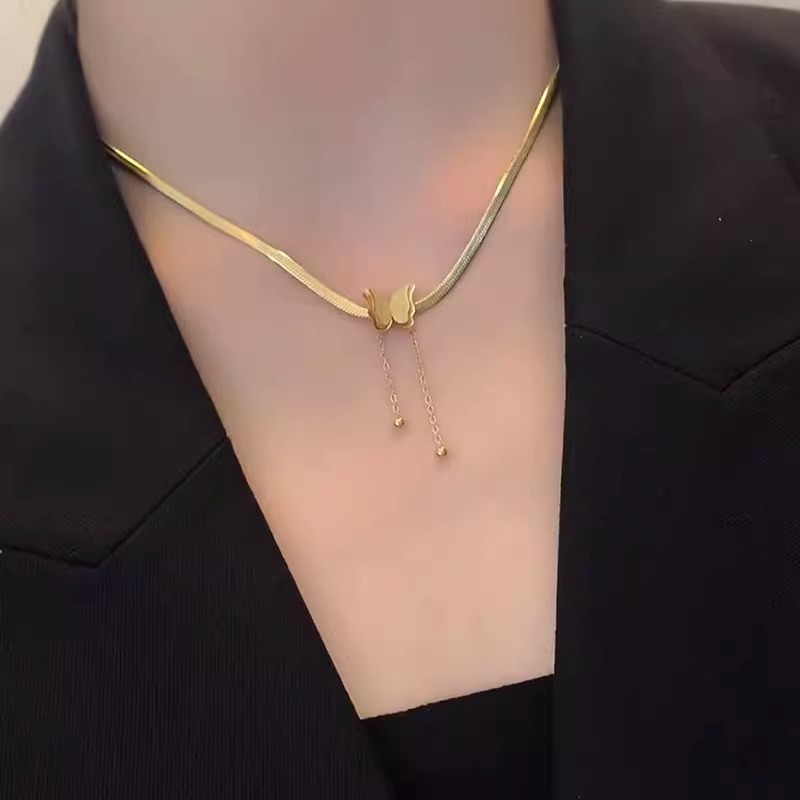 鈦鋼氣質簡約蝴蝶流蘇刀片鏈項鍊玫瑰金色時尚OL百搭優雅配飾品