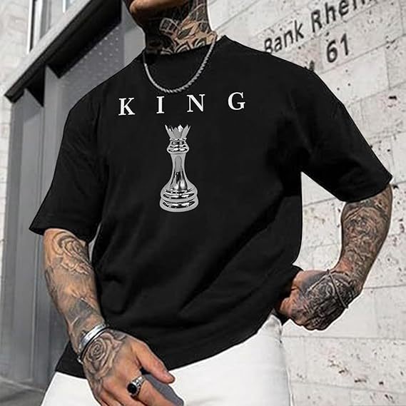 Chess King Printed Short-sleeved T-shirt, European And American Street Style Loose Crew Neck Top_viptrois.com
