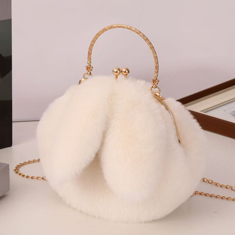 Stuffed Rabbit Bag for Girls, Cross-Body Autumn and Winter New Chain Satchel Fur Bag, Imitation Rex Rabbit Fur Cute Clip Bag
