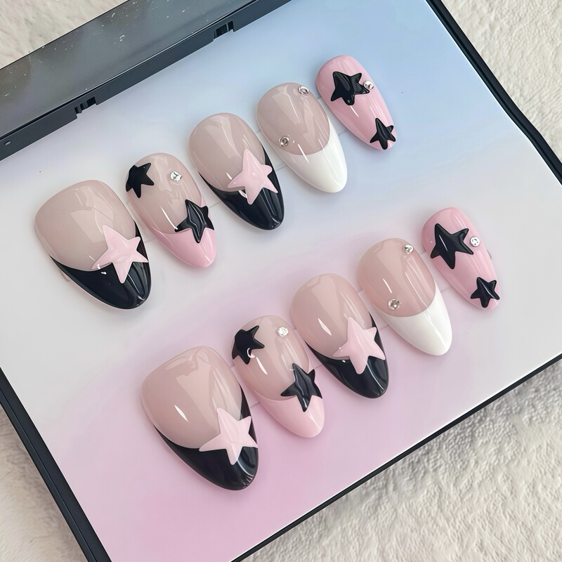 Black Pink French Star Press-On Nails Ultra-Short Almond Sweet Cool Spicy Girl Style Cross-Border Hot-Selling European and American Nail Stickers Y2K