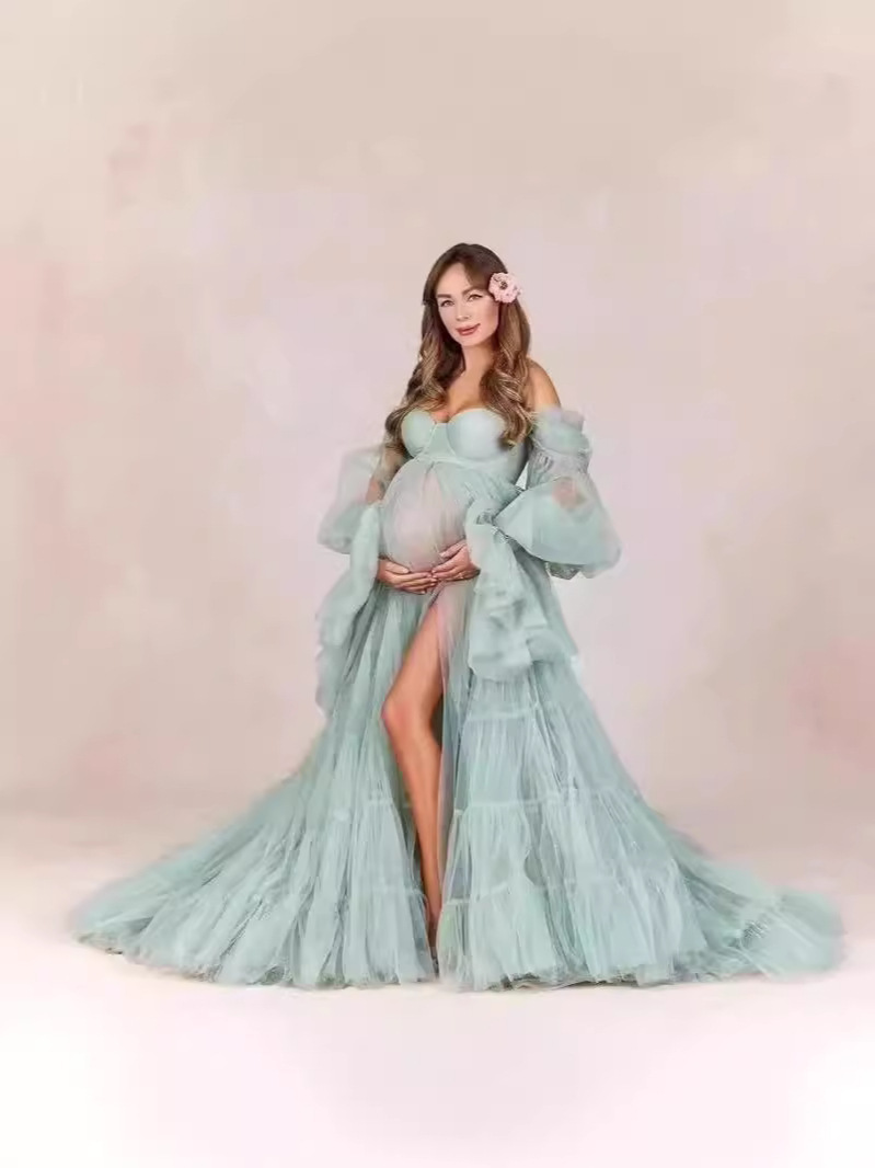 Nuevo cross-border caliente de tela de malla suave para fotos de mujeres embarazadas, vestido de mangas largas, falda de abdomen grande