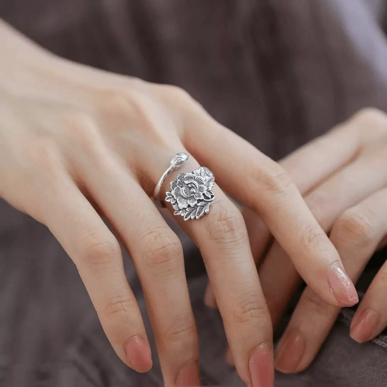 牡丹花缠枝戒指女复古民族风手工古典古风文艺素款做旧可调节指环