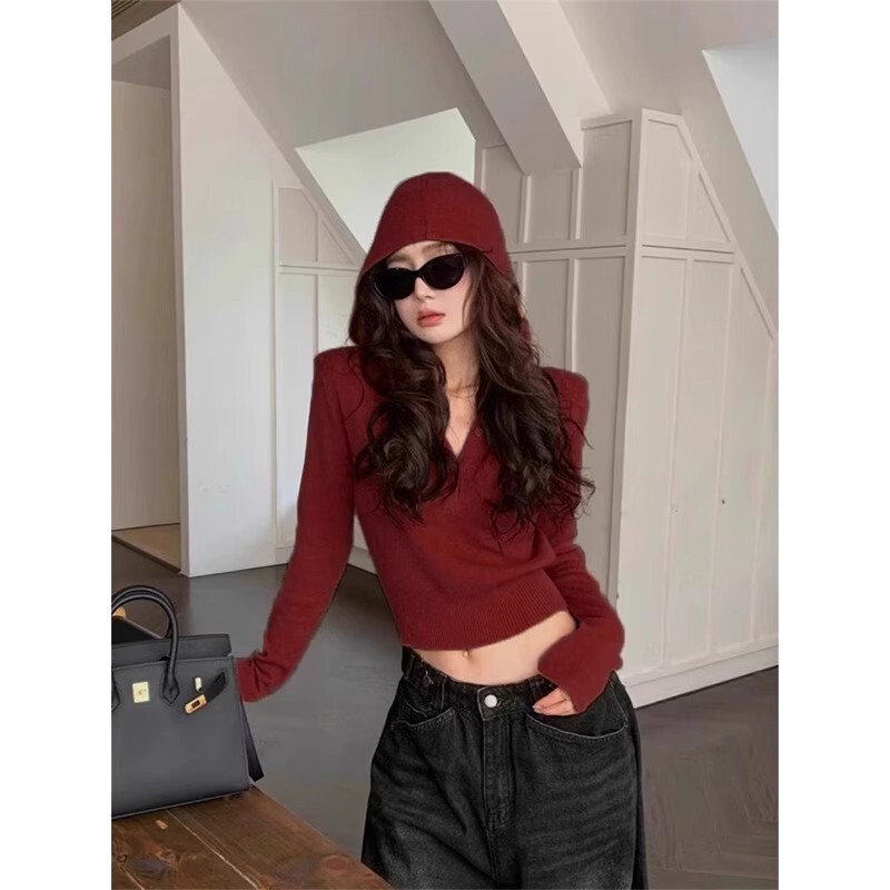 Ankora Red Hooded Knitted Bottoming Shirt for Women 2025 Early Autumn Slim Short Sweater Sweatshirt Design Top