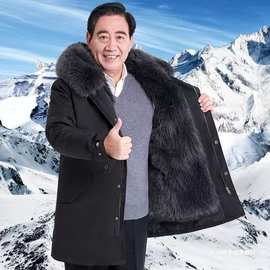冬季加厚派克服男皮毛一体狐狸毛中老年爸爸装拆卸中长款皮草大衣
