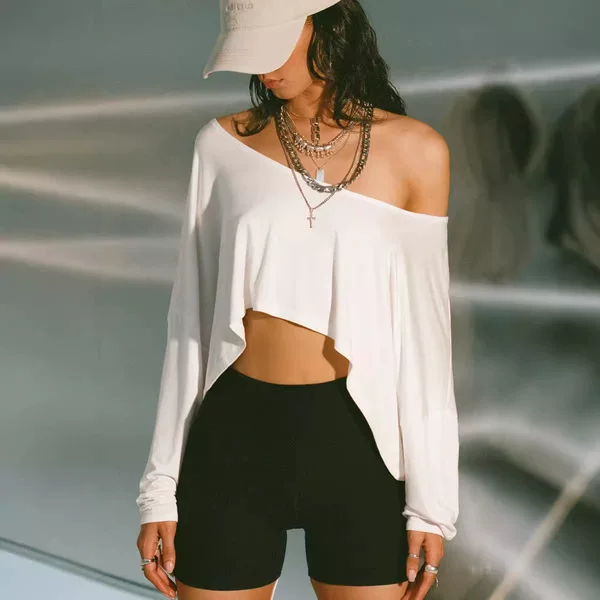 American Street Style Casual Solid Color Short T-Shirt with One-Shoulder Design, Sexy Loose Fit, Drop Shoulder Long Sleeves, Spicy Girl Crop Top