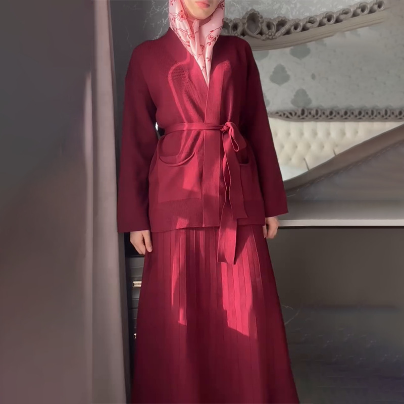 欧美跨境外贸2025春季宽松绑带口袋V领开衫外套舒适半身裙套装女|undefined