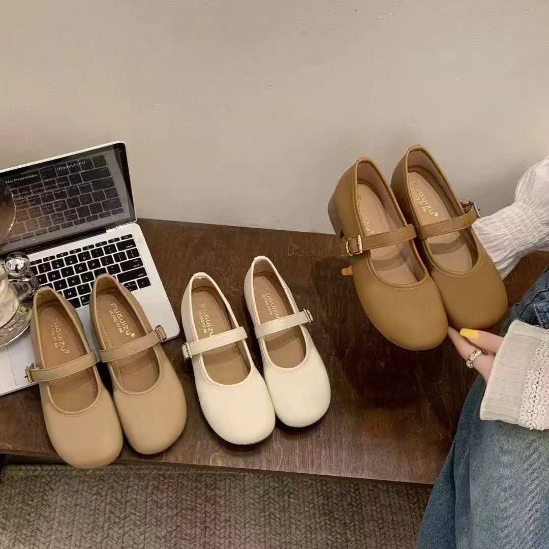 Cuero suave Mary Zhen tacones gruesos de verano nuevos zapatos de mujer de estilo universal, zapatos de base suave, zapatos de frijol para mujeres cuatro estaciones