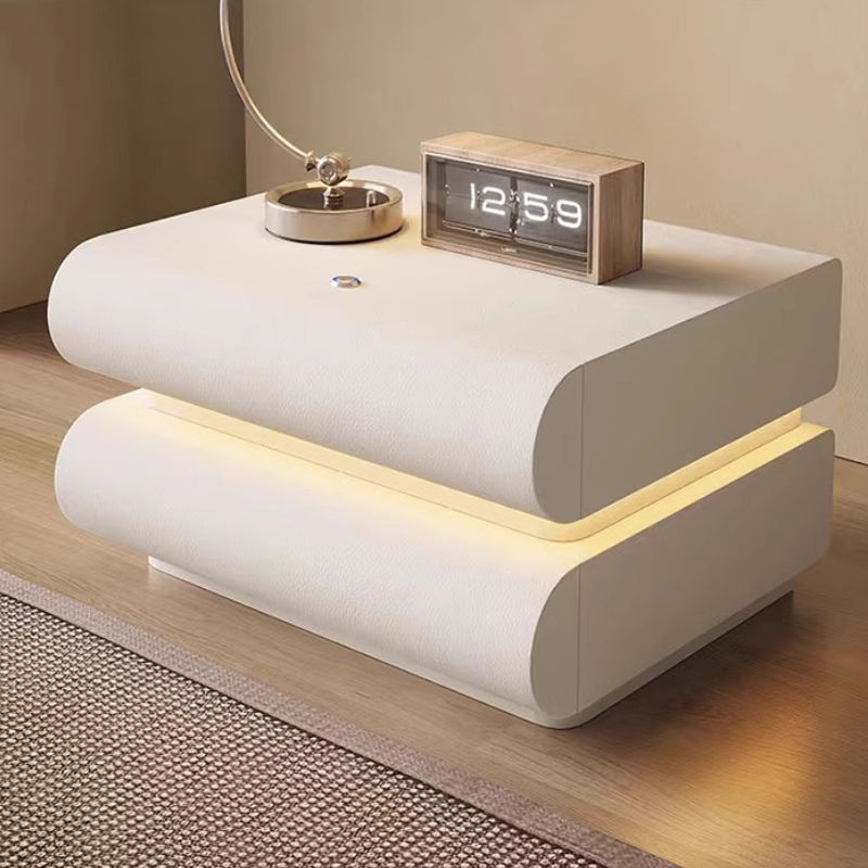 Bedroom Household Internet-red Cream White Bedside Cabinet with Lamp Italian Leather Black Solid Wood Bedside Storage Cabinet