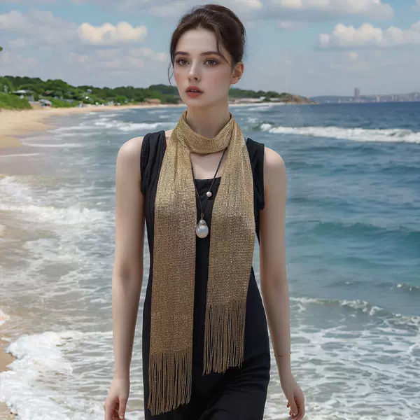 European and American Personalized Multi-purpose Gold and Silver Filament Women's All Year Round with Ribbon Scarf, Elegant and Fashionable Women's Design Tassel Scarf