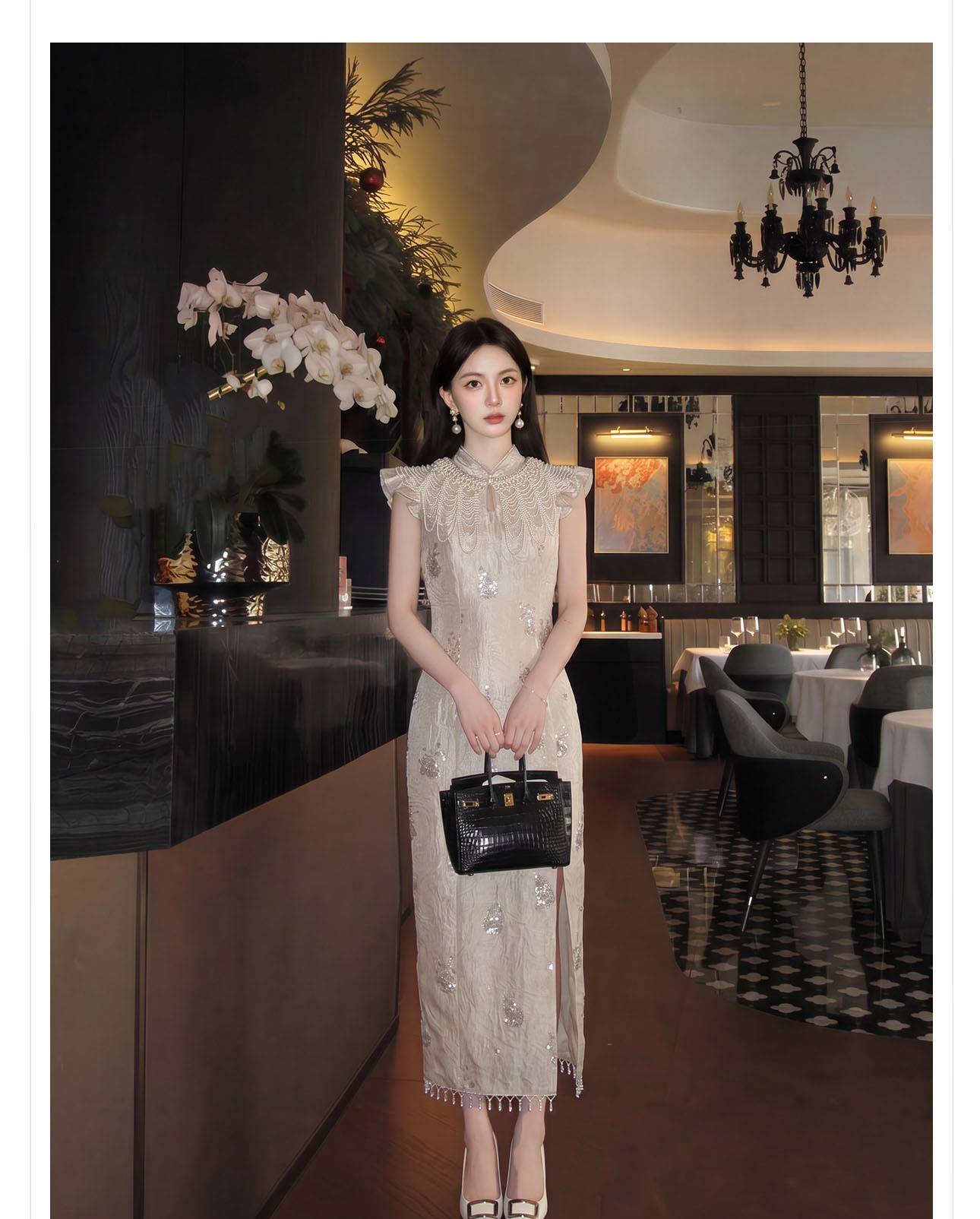 Đầm ôm body nữ phong cách Tân Trung Hoa đính cườm nặng tay thiết kế sườn xám — Xám Hạnh chi tiết 11