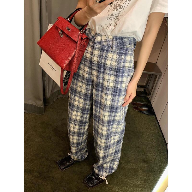 [in stock] Sago Manni can close up blue plaid pants women early autumn 2022 new loose wide leg pants
