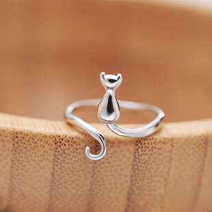 925 Silver-Plated Ring for Women, Super Cute Kitten, Adjustable Fashionable Stylish, Cat Index Finger Ring, Jewelry Tail Ring