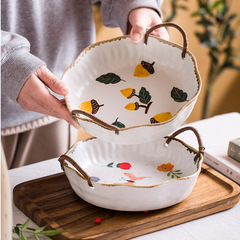 創意日式手捏花邊深盤文藝森系手繪陶瓷盤子繩編提手水果盤菜盤