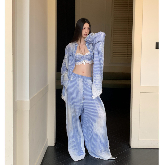 French-Style Lace Washed Blue Striped Cotton Shirt, Women's Loose Straight-Leg Pants, Soft Underwire Bra Three-Piece Set