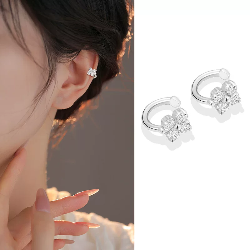 Серьги-ушные клипсы четырехлистный клевер, медь с 3A цирконием, 10×10 мм, без пирсинга