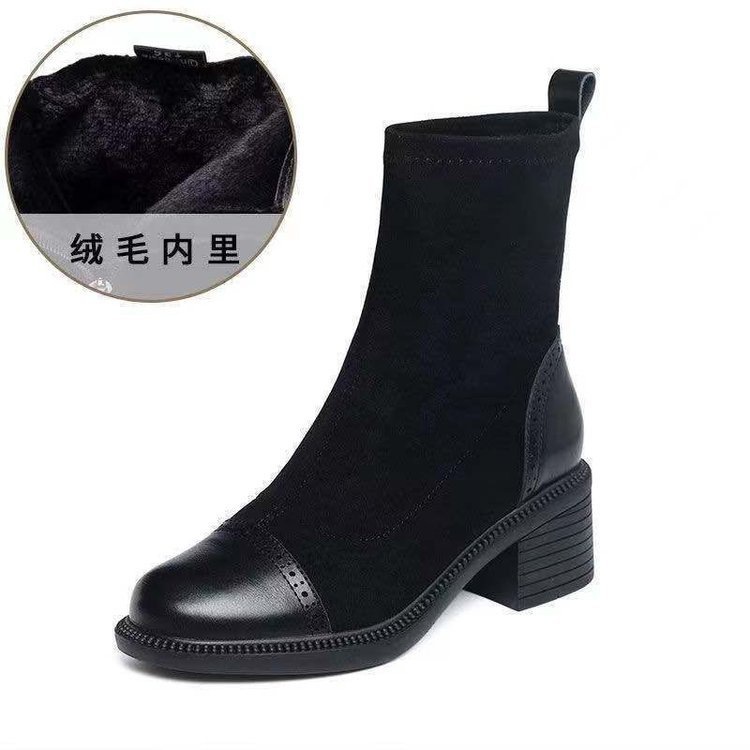 弹力瘦瘦靴女秋冬加绒加厚2025新款软皮拼接小裸靴中跟粗跟中筒靴|undefined