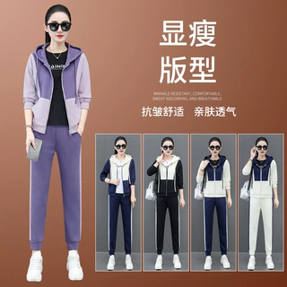 拼色时尚休闲运动套装女2025新款春秋连帽拉链开衫卫裤减龄三件套