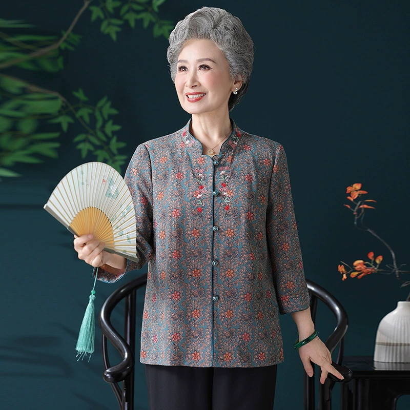Новая летняя рубашка бабушки с воротником-стойкой, свободный топ для старухи, костюм для среднего и пожилого возраста, летняя рубашка-кардиган для женщин.