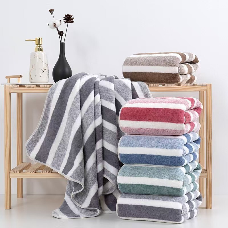 Cross-Border Striped Towel, Coral Fleece, Quick-Drying, Large Wide Strip Bath Towel, Absorbent, Couple's Household Use, Soft, Comfortable, Ultra-Soft Cross-Border Striped Towel, Coral Fleece, Quick-Drying, Large Wide Strip Bath Towel, Absorbent, Couple's Household Use, Soft, Comfortable, Ultra-Soft