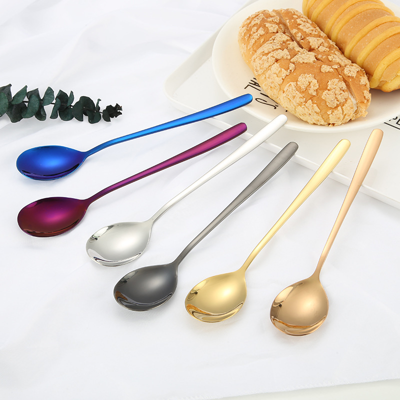 Cuchara de acero inoxidable 304 estilo coreano cuchara de celebridades de Internet mango largo cuchara de bibimbap cuchara de postre de titanio Hotel vajilla de comida occidental