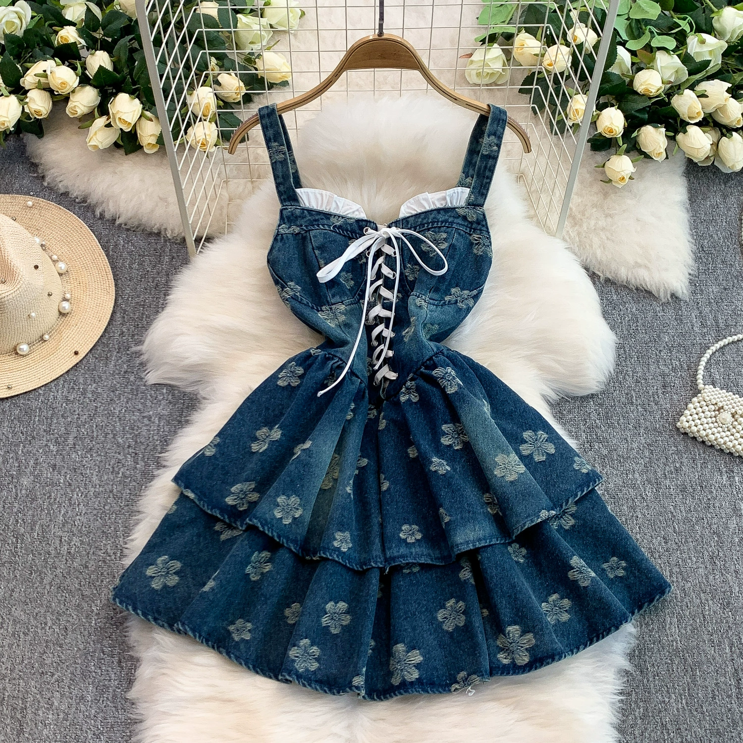 Европейское и американское ретро сексуальное джинсовое платье на подтяжках с квадратным вырезом и бретельками, женское летнее дизайнерское утягивающее пышное платье-тортик