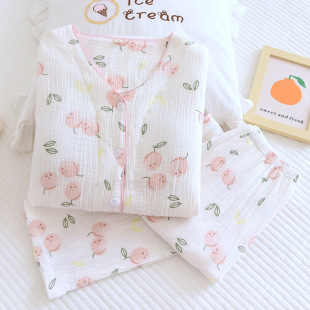 Pajamas with Chest Pad Women's Long Sleeve Spring Autumn Winter Cotton Gauze Summer Thin Cotton Home Clothes New Suit