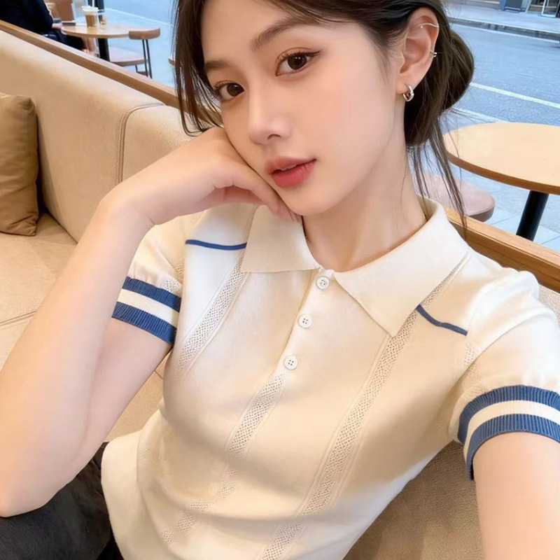 Ldtj High-End Spring Miu Style College-Style Hollow-Out Lightweight Slimming Blue and White Contrast Color Polo Shirt Knitted Short Sleeve for Women Ldtj High-End Spring Miu Style College-Style Hollow-Out Lightweight Slimming Blue and White Contrast Color Polo Shirt Knitted Short Sleeve for Women