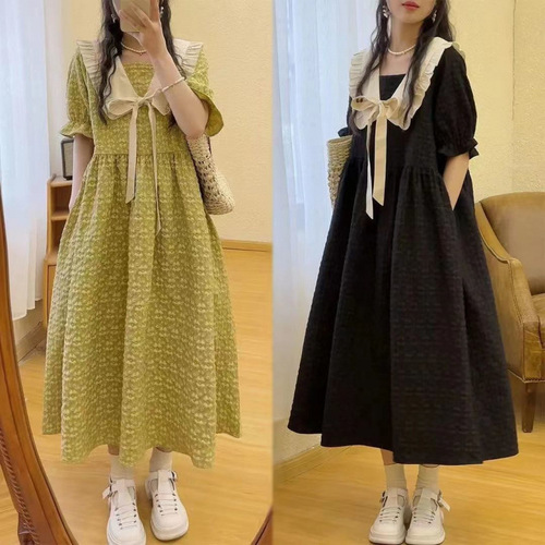 Large size French doll-neck dress, women's summer fat loose slimming skirt, covering belly, hiding meat, age-reducing long dress