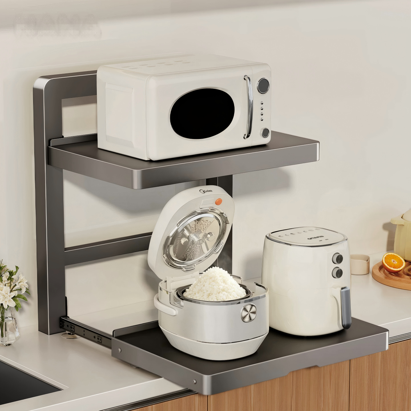 Pull-Out Kitchen Appliance Storage Rack, Microwave Oven, Rice Cooker, and Oven Storage Rack, Multifunctional Countertop Storage Rack