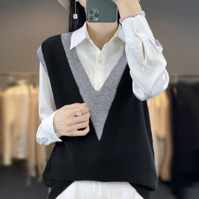 Otoño e Invierno de las nuevas mujeres de punto chaleco de lana suéter chaleco v contraste color suelta estilo coreano fábrica al por mayor image 5
