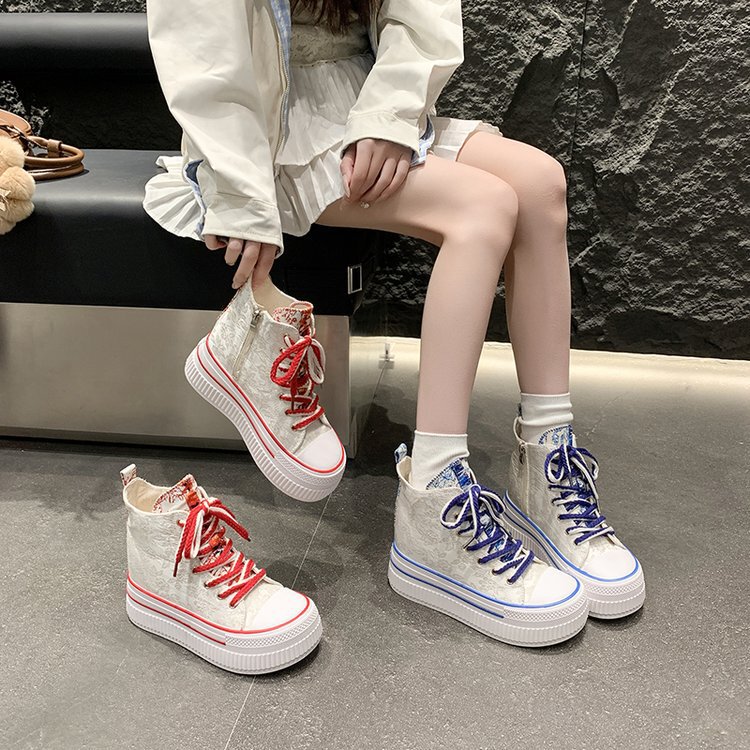 2026 Spring Blue and White Porcelain Pattern Casual High-Top Canvas Shoes for Women, White Lace-Up Thick-Soled Sneakers, Versatile White Shoes