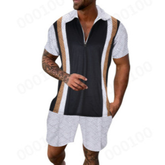 Europe and the United States to try cross-border men's color matching short sleeve Polo shirt zipper lapel 3D printing polo plus size a set of free shipping