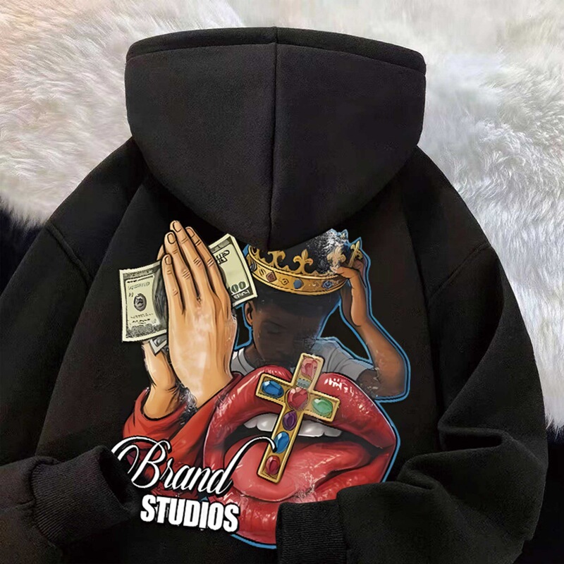 American Retro Trendy Hip-Hop Style Hooded Sweatshirt with Money Crown, Red Lips, and Cross, Loose High Street Couple Hoodie