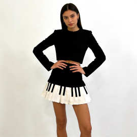 跨境美式复古黑白钢琴百褶裙女夏季新款设计感高腰显瘦修身半身裙