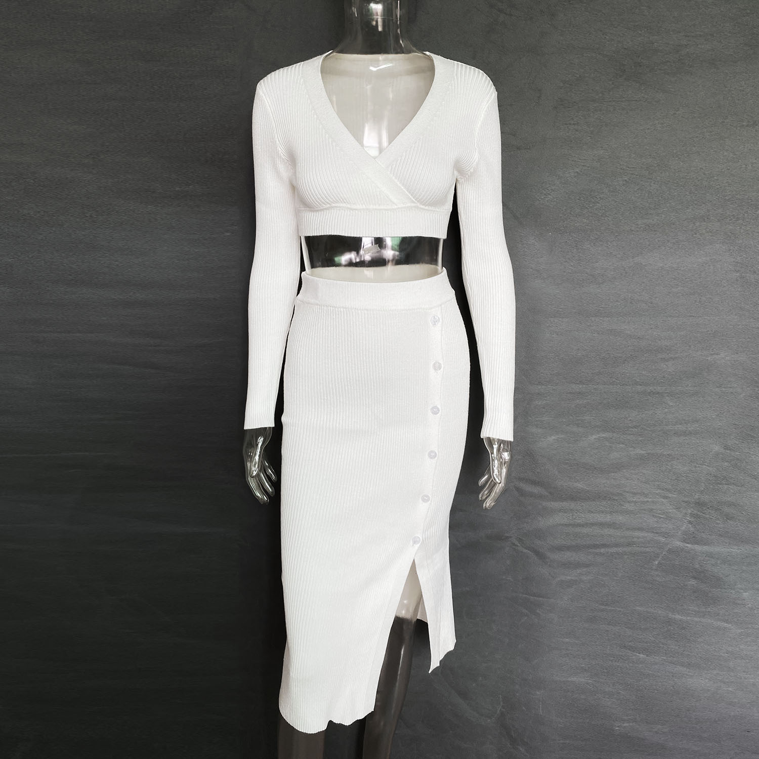 Women's Clothing Slit Sweater Dress Deep V High Elastic Wool Sweater Suit_voghion.com