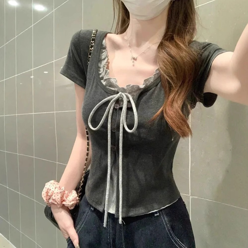 2025 Early Summer Wear New Style Right Shoulder Square Collar Short-Sleeved T-Shirt for Women Unique and Beautiful Super Nice Short Top