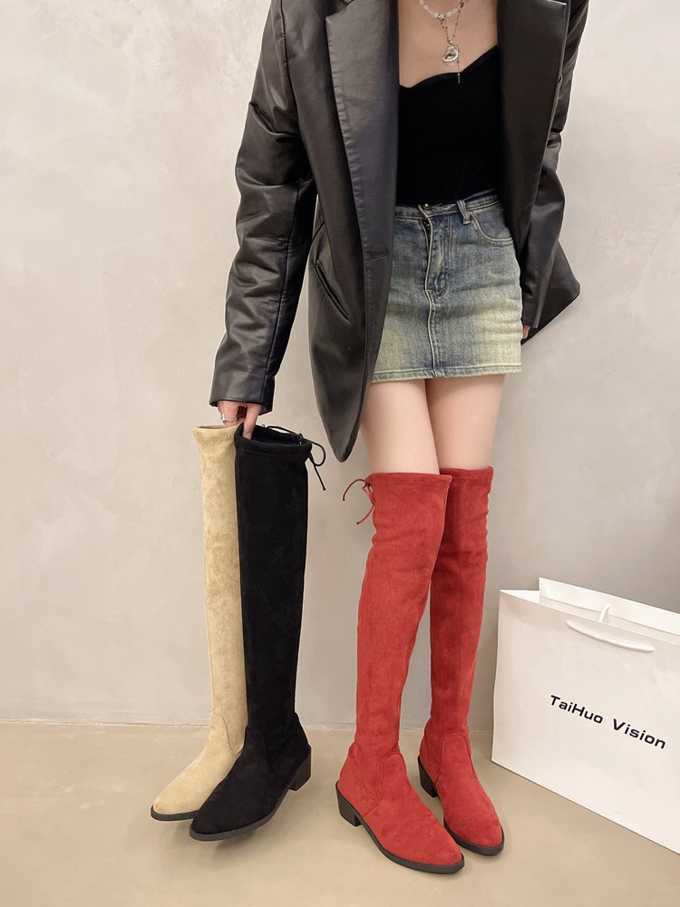 2024 new plus size versatile velvet style knee high fashion pointed thick heel slim elastic long boots_voghion.com
