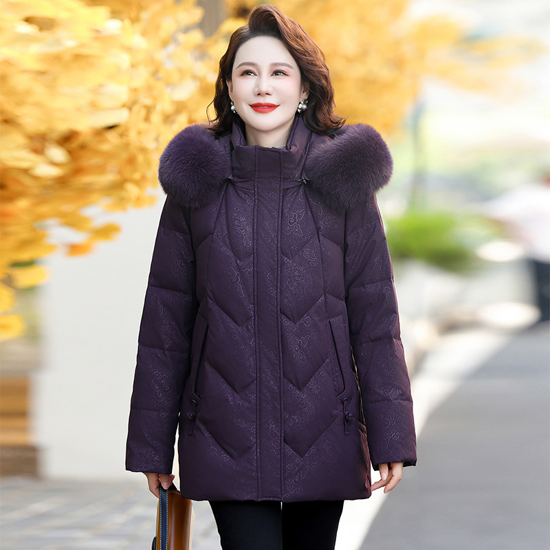 Middle-Aged and Elderly Women's Mid-Length Classy Thickeneded Fox Fur Collar Mother's Winter Warm Large Size Grandma Jacket