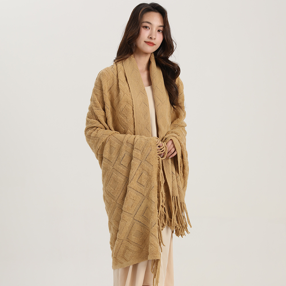Knitted jacquard checkered blanket shawl_voghion.com