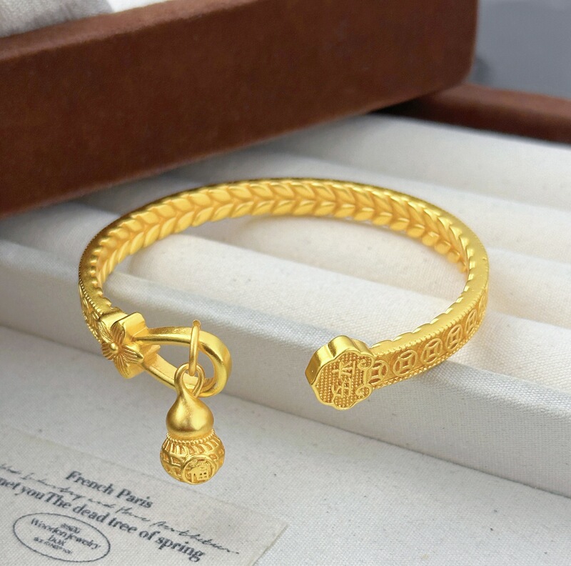 Gold-Plated Jewelry with Copper Coins, Peace and Joy Gourd Open Bracelet, New Chinese Style, Light Luxury Niche High-End Jewelry