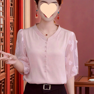 Light Luxury Style Women's Tops, Loose, Large Size, Slimming, Belly-Covering, Lace Design, Mid-Sleeves, Elegant, Age-Reducing and Western Style